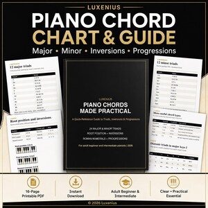 May include: A Luxenius piano chord chart and guide featuring a black cover with white text titled Piano Chords Made Practical. The set includes multiple white pages displaying major and minor triads, root positions, inversions, and chord progressions.
