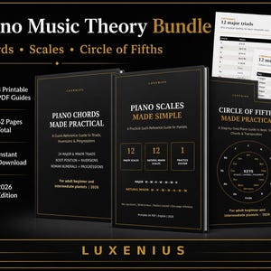 Könnte beinhalten: Ein Klavier-Musiktheorie-Paket mit drei schwarzen Leitfäden mit den Titeln Piano Chords Made Practical, Piano Scales Made Simple und Circle of Fifths Made Practical. Das Set umfasst insgesamt 62 Seiten, 3 PDF-Guides und die Ausgabe 2026.