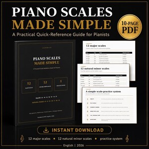 Könnte beinhalten: Ein 10-seitiger PDF-Leitfaden mit dem Titel Piano Scales Made Simple, mit schwarzem Einband und goldenem Text. Er enthält Tabellen für 12 Dur-Tonleitern, 12 natürliche Moll-Tonleitern und ein 6-stufiges Übungssystem. Ein druckbares A4-PDF-Dokument.