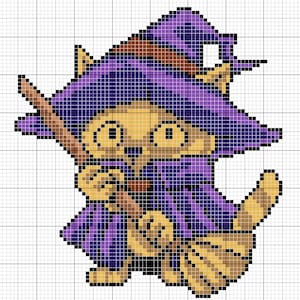 May include: Pixelated illustration of a cat dressed as a witch, wearing a purple hat and cloak. The cat is holding a broom and has a yellow body with black accents. The image is in a grid pattern.