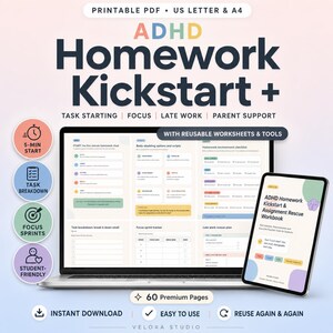 ADHD Homework Planner: Start Tasks Without Overwhelm | Executive Function Workbook Ages 9–16 | Printable PDF