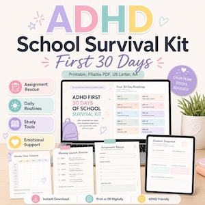 ADHD School Planner for Students, First 30 Days Survival Kit, Assignment Tracker, Executive Function Workbook
