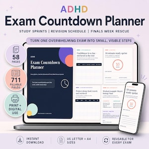ADHD Exam Planner Printable, Exam Countdown Planner, Study Sprints, Revision Schedule, Active Recall, Finals Week Rescue PDF