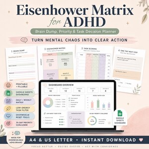 May include: An Eisenhower Matrix for ADHD digital planner set featuring four printable pages and a Google Sheets dashboard. The layout includes sections for brain dump, task scoring, and tiny steps, with text labels like Turn Mental Chaos Into Clear Action.