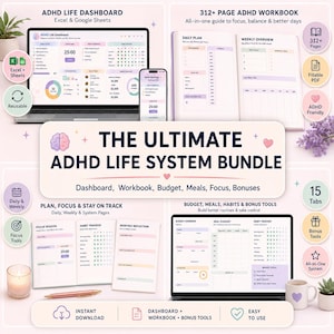 Puede incluir: El Ultimate ADHD Life System Bundle incluye un panel digital para Excel y Google Sheets, un libro de trabajo PDF rellenable de 312 páginas y varias herramientas de planificación. Contiene planificadores diarios y semanales, presupuestos, menús y rastreadores de hábitos para la organización.