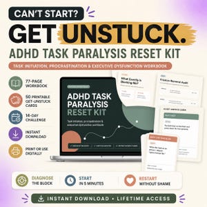ADHD Task Paralysis Reset Kit, Finally Start Tasks, Executive Dysfunction Workbook, Task Initiation Printable PDF
