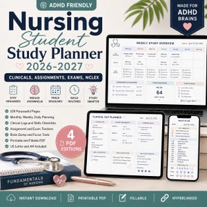 ADHD Nursing Student Planner 2026-2027, Clinicals Assignments Exams and NCLEX Organizer, Printable Fillable PDF