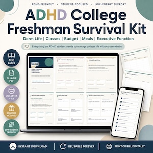 May include: ADHD College Freshman Survival Kit digital planner with 108 pages, fillable PDF, US Letter and A4 sizes. Includes meal planners, budget setups, and routine cards displayed on a laptop screen and smartphone with a 30-day challenge list.
