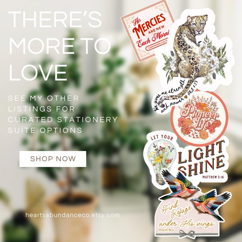 May include: A collection of decorative stickers featuring a leopard with flowers, a circular floral design with the text Pioneer Life, a lightbulb with flowers, and two colorful birds with the text Find Refuge under His wings and Psalm 91:4.
