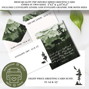 May include: An eight-piece greeting card suite in A2 & A7 sizes. The cards feature forest and mountain designs with a bear and eagle silhouette. Includes envelope liners and graphics. The cards come in two sizes: 5"x7" and 4.25"x5.5".