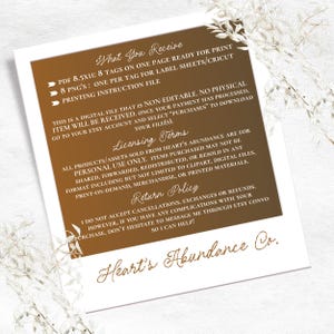 May include: A digital product information card with a brown gradient background and white text. It lists details including PDF 8.5x11, 8 tags on one page, PNG files, printing instructions, non-editable status, licensing terms, and return policy.