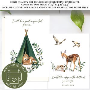 Könnte beinhalten: Doppelseitige Grußkartensuite mit Aquarelldesign. Eine Seite zeigt ein Reh in einem Zelt, die andere ein Reh und Vögel. Enthält den Text: "Ich werde für immer Gast in deinem Zelt sein..." und "Ich werde Zuflucht im Schatten deiner Flügel suchen."