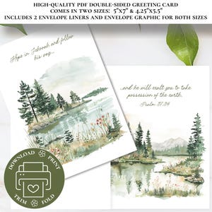 Könnte beinhalten: Doppelseitige Grußkarte mit Aquarell-Landschaftskunst. Die Karte zeigt eine Seelandschaft mit Bäumen und Bergen. Der Text enthält "Hope in Jehovah and follow his way..." und "...and he will exalt you to take possession of the earth. Psalm 37:34."