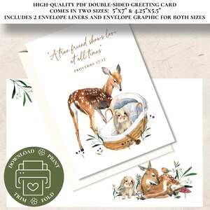 Könnte beinhalten: Doppelseitige Grußkarte mit einer Aquarellillustration eines Hirsches und eines Kaninchens. Die Karte enthält den Text "A true friend shows love at all times" und "Proverbs 17:17". Die Karte ist in zwei Größen erhältlich: 12,7 cm x 17,8 cm und 10,8 cm x 14 cm.