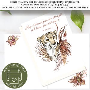 Könnte beinhalten: Doppelseitige Grußkartensuite mit einer Gepardenillustration und dem Text "May Jehovah give you strength and bless you with peace". Die Karte ist in zwei Größen erhältlich: 12,7 cm x 17,8 cm und 10,8 cm x 14 cm. Inklusive Umschlagfutter und Grafik.