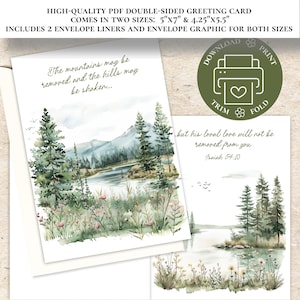 Könnte beinhalten: Doppelseitige Grußkarte mit Aquarell-Landschaftskunst. Die Karte zeigt eine Berglandschaft mit Bäumen, einem See und dem Text "The mountains may be removed and the hills may be shaken..." und "but his loyal love will not be removed from you".