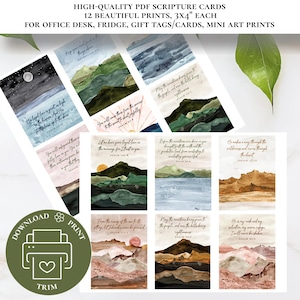 May include: A set of 12 scripture cards with watercolor landscape art. Each card is 3x4 inches and features a different Bible verse. The cards are designed for office desks, gift tags, or mini art prints. The cards have a download and print option.