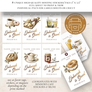 May include: Eight rectangular tags featuring watercolor illustrations of food and beverages, including coffee, bread, and jam. Each tag displays the text Taste and See That Jehovah is Good Psalm 84:8 in gold script. The tags measure 2 inches by 3.5 inches.