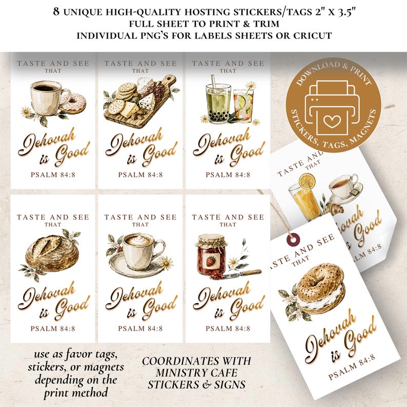 May include: Eight rectangular tags featuring watercolor illustrations of food and beverages, including coffee, bread, and jam. Each tag displays the text Taste and See That Jehovah is Good Psalm 84:8 in gold script. The tags measure 2 inches by 3.5 inches.
