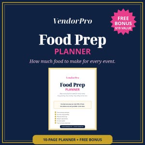 Op de afbeelding: Een donkerblauwe digitale afbeelding voor een VendorPro Food Prep Planner met witte en roze tekst. Het ontwerp bevat een roze ster-badge met de tekst FREE BONUS $19 VALUE en een centraal voorbeeld van een 10-pagina tellend printbaar PDF-document.