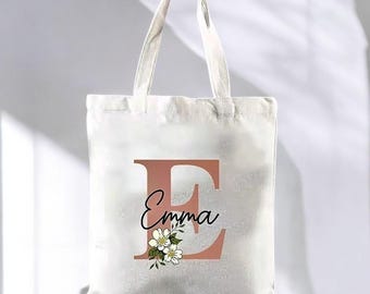 Gepersonaliseerde draagtas van canvas met bloemenprint – boodschappentas met aangepaste naam