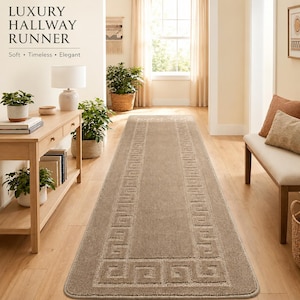 May include: A long, rectangular beige hallway runner rug featuring a textured Greek key border pattern. The rug is positioned on a light-coloured wooden floor in a bright interior space. The text LUXURY HALLWAY RUNNER is visible in the upper left.