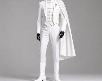 White Victorian Cape Suit Men, Royal Prince Coat Set, Gothic Wedding Tuxedo, Luxury Groom Outfit, Renaissance Military Formal Wear