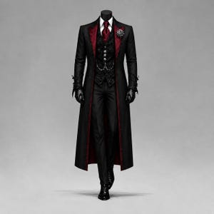 Può includere: Un cappotto lungo nero con revers e fodera rosso scuro, indossato sopra un gilet nero a motivi con una catena argentata, una cravatta rossa e una camicia bianca con colletto. L'insieme include pantaloni neri, guanti e scarpe eleganti nere.
