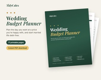 結婚式予算プランナー（印刷可能）、結婚式費用トラッカー、業者比較、ゲストリスト出欠確認トラッカー、結婚式資金管理、日付なしPDF、17ページ
