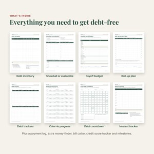 May include: A collection of eight printable debt management worksheets featuring dark green headers and grid layouts. Titles include Debt inventory, Snowball or avalanche, Payoff budget, Roll-up plan, Debt trackers, Color-in progress, Debt countdown, and Interest tracker.