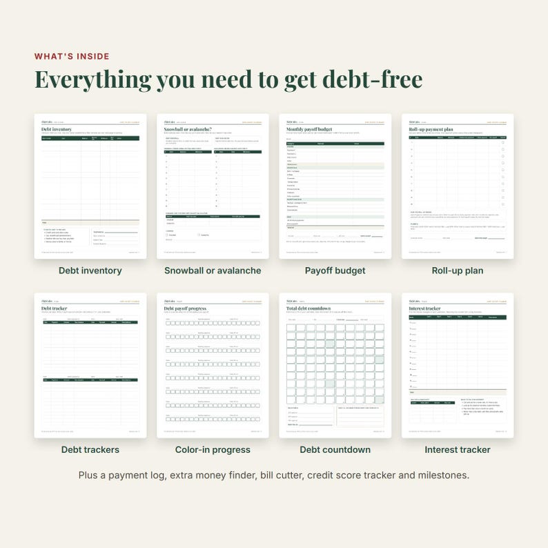 May include: A collection of eight printable debt management worksheets featuring dark green headers and grid layouts. Titles include Debt inventory, Snowball or avalanche, Payoff budget, Roll-up plan, Debt trackers, Color-in progress, Debt countdown, and Interest tracker.