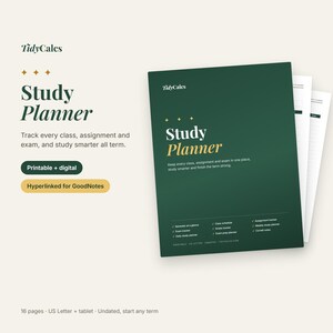 Puede incluir: Un planificador de estudios digital e imprimible de TidyCalcs con una cubierta verde oscuro y texto dorado. La cubierta dice Study Planner y enumera funciones como resumen del semestre, horario de clases y rastreador de tareas. 16 páginas.