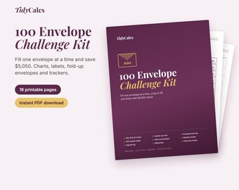 Kit imprimible del reto de los 100 sobres, tabla del reto de ahorros, etiquetas para sobres de efectivo, plantilla de sobre plegable, PDF de seguimiento de ahorros