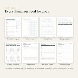 May include: A digital financial planner for 2027 featuring eight distinct pages including a monthly budget, bill-pay tracker, sinking funds, emergency fund, 52-week challenge, debt snowball, net worth tracker, and a year-end review with dark green accents.
