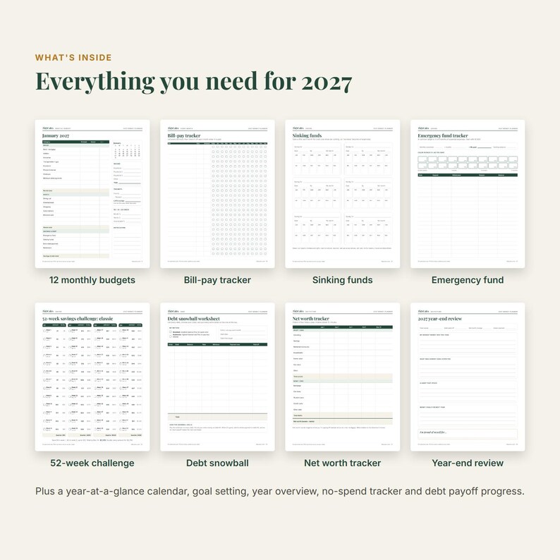May include: A digital financial planner for 2027 featuring eight distinct pages including a monthly budget, bill-pay tracker, sinking funds, emergency fund, 52-week challenge, debt snowball, net worth tracker, and a year-end review with dark green accents.