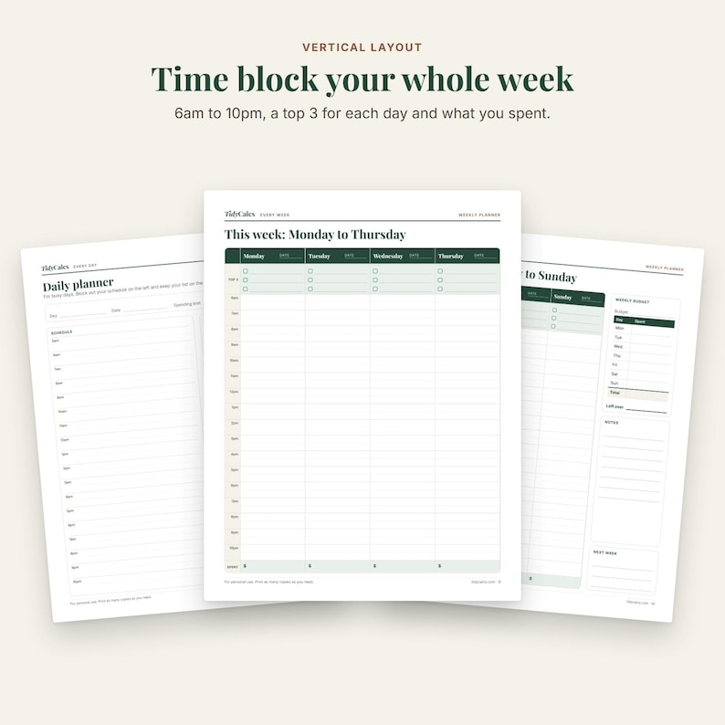 Weekly Planner Printable & Digital, Vertical Time Blocking Planner ...