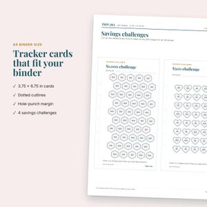 May include: A printable A6 binder sheet featuring savings challenges with text reading TidyCals, Savings challenges, $1,000 challenge with hexagon icons, and $500 challenge with heart icons, measuring 3.75 by 6.75 inches for personal use.