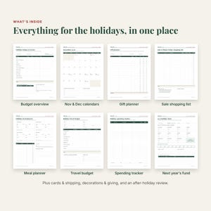 May include: A digital holiday planner set featuring eight distinct pages including a budget overview, November and December calendars, gift planner, sale shopping list, meal planner, travel budget, spending tracker, and next year's fund.
