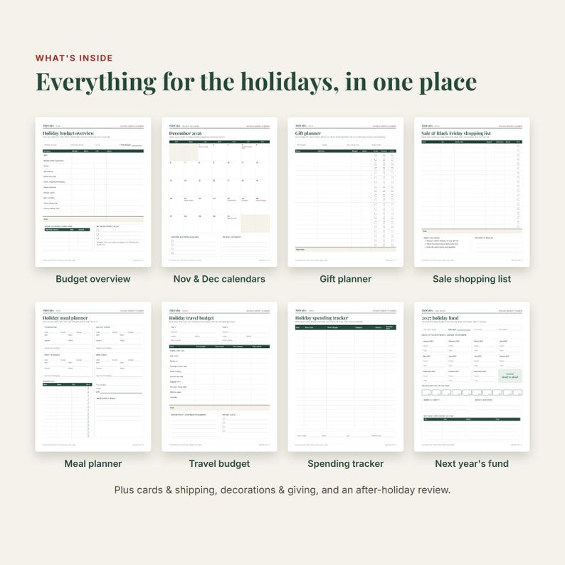 May include: A digital holiday planner set featuring eight distinct pages including a budget overview, November and December calendars, gift planner, sale shopping list, meal planner, travel budget, spending tracker, and next year's fund.