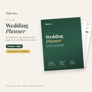 May include: A digital and printable wedding planner document with a dark green cover featuring the text TidyCalcs Wedding Planner. The cover lists sections including planning checklist, budget, guest list, seating chart, and vendor information.