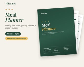 食事プランナー（印刷版＆デジタル版）、週間食事プラン、買い物リスト、食費予算、食事準備、パントリー在庫管理、日付なしPDF、16ページ