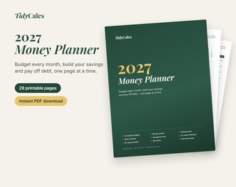 2027年版マネープランナー（印刷可能）、予算プランナー（PDF）、月間予算、貯蓄トラッカー、借金返済、52週間貯蓄チャレンジ、28ページ