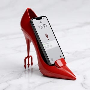 Peut inclure: Un support de téléphone en forme de chaussure à talon aiguille rouge avec un talon en forme de trident. Un smartphone noir est placé à l'intérieur de la chaussure, affichant une icône de trident. L'heure affichée est 12h49.