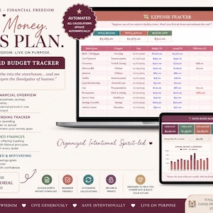 May include: A laptop and tablet display a faith-based budget tracker with financial data. The screen shows an expense tracker and a dashboard with charts. The design includes text like "Your Money, God's Plan" and "Budget with Wisdom."