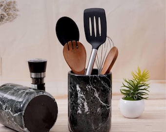 Handmade Marble Utensil Holder, Kitchen Countertop Organizer, Cookware Storage Crock