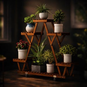 May include: A wooden plant stand with multiple tiers, displaying a variety of potted plants. The stand is constructed from dark brown wood and features a triangular structure. The plants include succulents and flowering plants in white and blue pots. The stand has wheels.