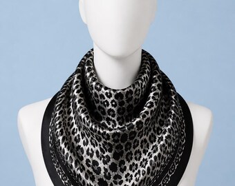 Black Silver Leopard Print Satin Square Scarf Neckerchief Bandana