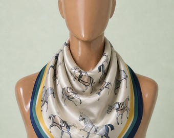 Cream Navy Equestrian Horse Print Satin Square Scarf Neckerchief Bandana