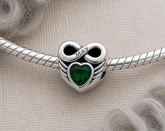 May Birthstone Heart Charm, Emerald CZ Infinity Wings, S925 Pandora Compatible Bracelet Bead