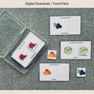 以下が含まれることがあります： 「Digital Download - Food Pairs」の文字が入った教育用フラッシュカードのセット。ザクロ、マンゴー、ブルーベリー、レタスなど、果物や野菜のイラストが描かれています。カードは透明なプラスチックケースに入っています。